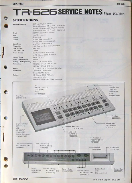 Roland TR-626 Tambour Machine Original Service Manuel, Schematics, Parties Liste