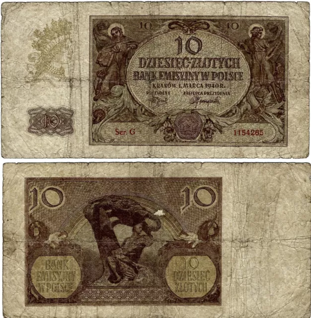 Polen Banknote 10 Złotych 1940 EMISSION BANK IN POLAND ZWK-29a Ro. 574a  P-94