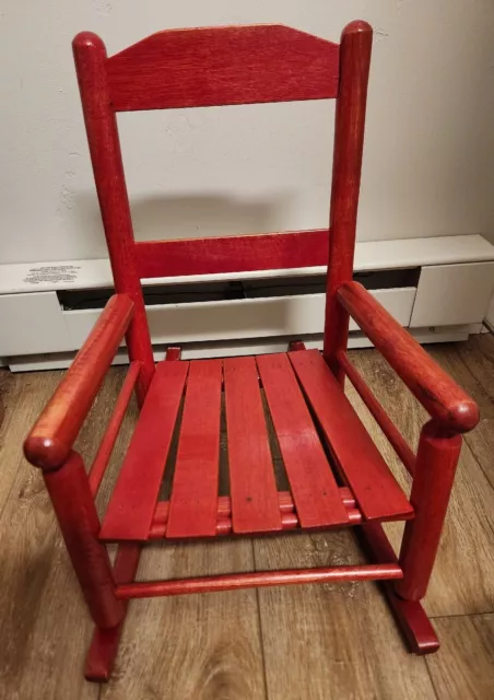 Great Red Vintage Rustic Slat Wood Mini Child’s Rocking Chair Ladder Back Rocker