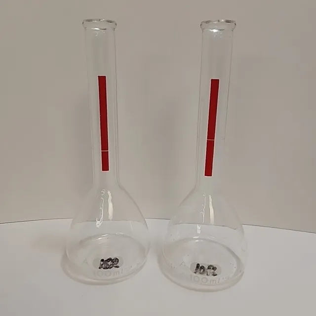 2 Pyrex Glass 100mL Class A Lifetime Red TC Volumetric Flask 5600 -No Stoppers