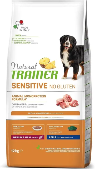 ✅ Natural Trainer Sensitive No Gluten Cibo per Cani Adulti con Maiale - 12kg ✅