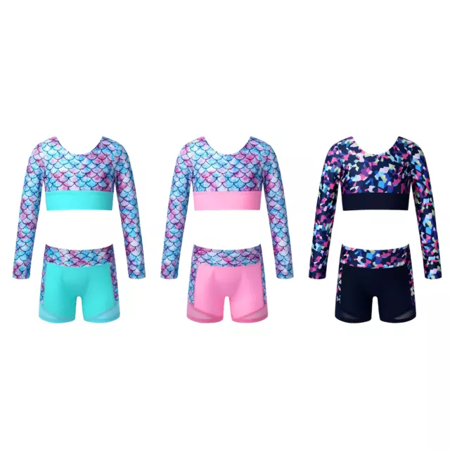Kids Girls Gymnastics Dance Fitness Outfits Crop Top+Shorts Set Dancewear Suit