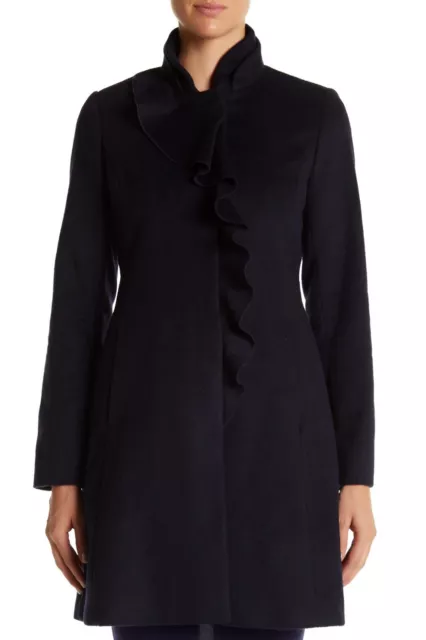 DKNY Ruffle Wool Blend Walker Coat, Navy, Size 14 3