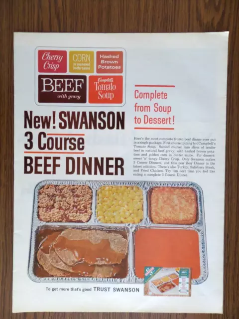 1965 Swanson TV Dinner Ad New 3 Course Beef Dinner Complete from Soup to Dessert