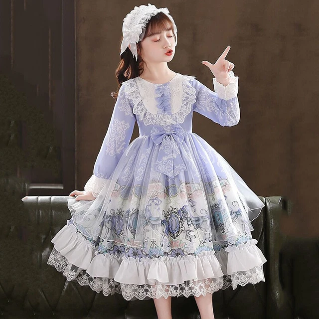 Bambino Ragazza Lolita Abito Principessa Fiocco Festa Rete Pizzo Increspato Long