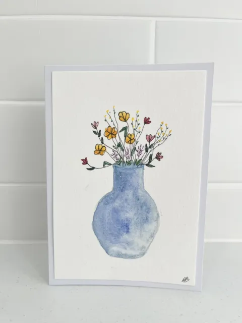 Hand Painted Watercolour Card Original Art Greeting Card Flowers In Vase