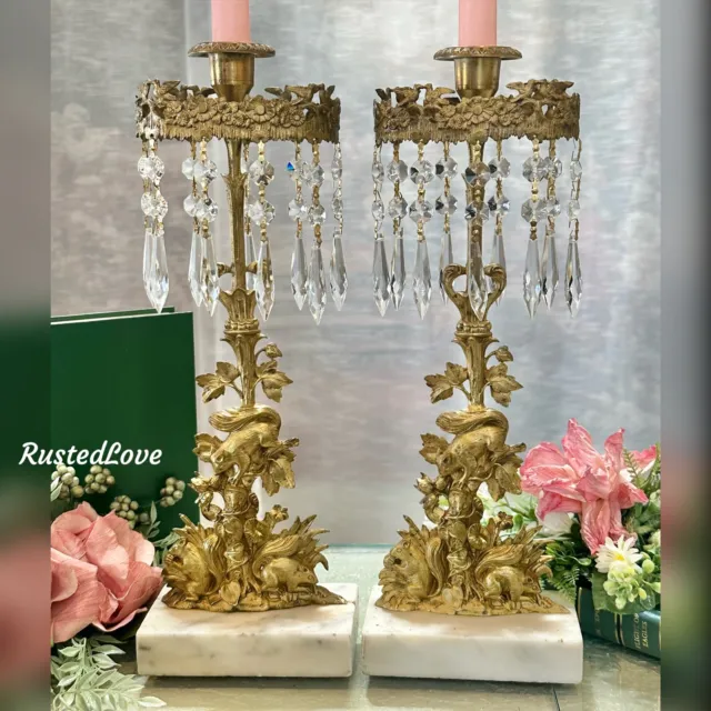Antique Victorian Girandole Candlesticks Marble, Brass, Crystal Prisms Single 2*