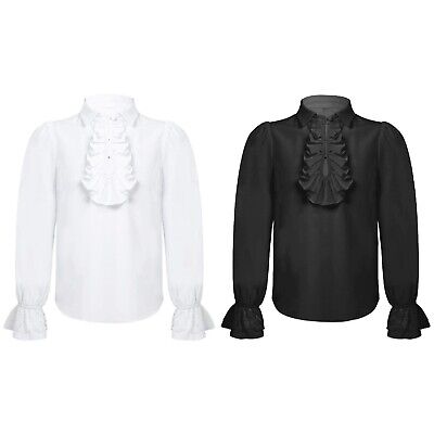 Boys Girls Ruffle Lace Cuffs Stand-Up Collar Shirt Vintage Victorian Blouse Tops