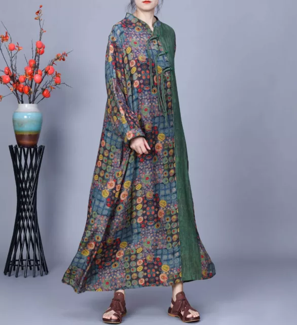 Printed Dress Long Womens Retro Ethnic Loose Fit Irregular Long Skirt V-neck