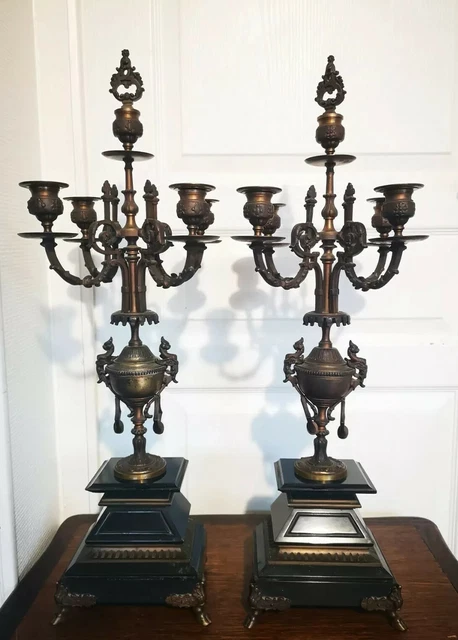 Magnifique Paire De Candélabres Chandelier 5 Branches Bronze Et Marbre Fin 19ème