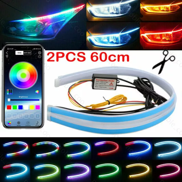 2x60cm APP RGB Multi-Color Slim Flexible LED Strip Light DRL Flowing Signal Car