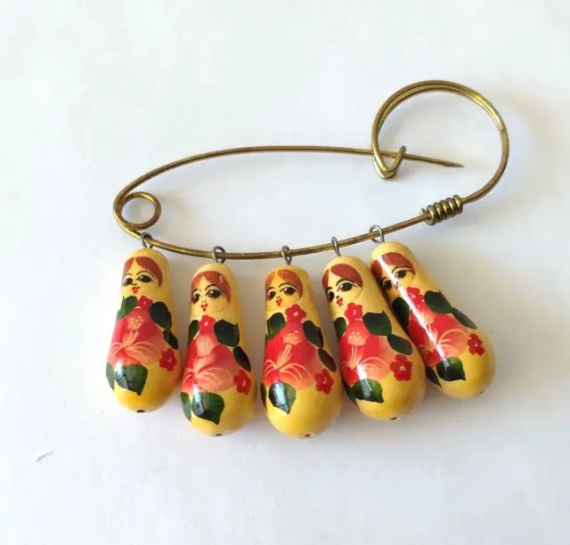 Russian Matryoshka Nesting Doll Painted Safety Pin Charm Brooch Yellow