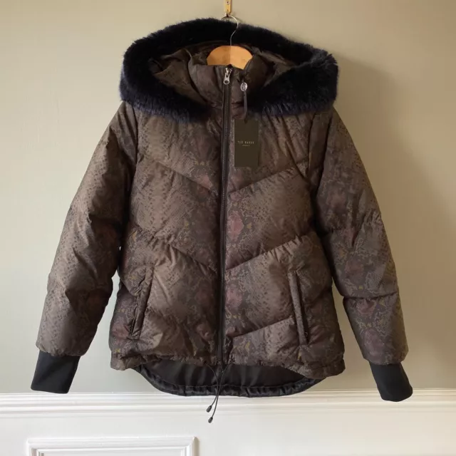 Ted Baker Coat Jacket Puffer Zip Up Jacket Size 2 UK 10 Hood Fur Black Brown