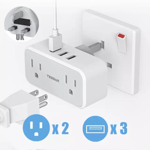 Power Plug Adapter Tap with 3 USB 2 Outlet for US to UK Ireland London England