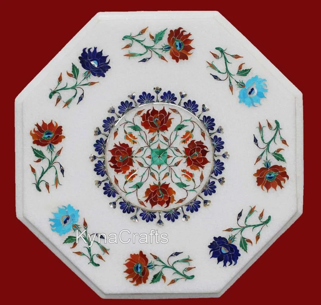 15 Inches White Marble Coffee Table Top Inlaid with Semi Precious Stone for Lawn