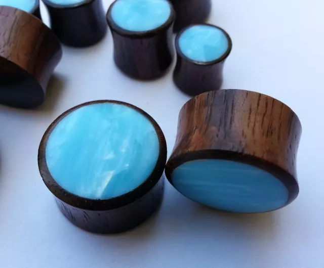 Pair Handmade Shiny Cloudy Blue Resin Sono Wood Saddle Ear Plugs Tunnels Gauges