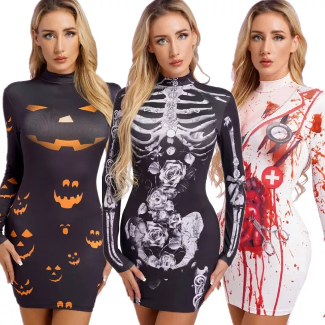 Women Skeleton Printed Mini Dress Bodycon Halloween Costume Long Sleeve Clubwear