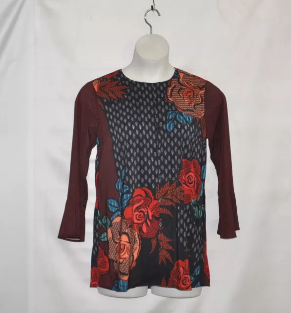 Bob Mackie Autumn Rose Woven Button Front Top Size S Wine Multi