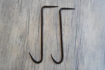 2pc Vintage large wrought Iron Meat Hanging BUTCHERS Hook forged farm decor tool