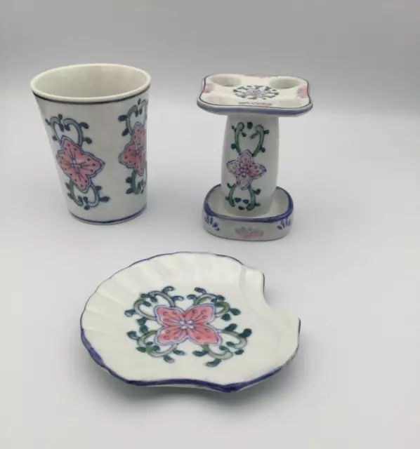 Vintage Pink Floral Porcelain Toothbrush Holder, Cup, and Soap Dish Bathroom Set