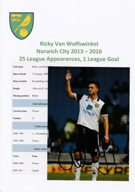 Ricky Van Wolfswinkel Norwich City 2013-2016 Fotografia Originale Firmata A Mano