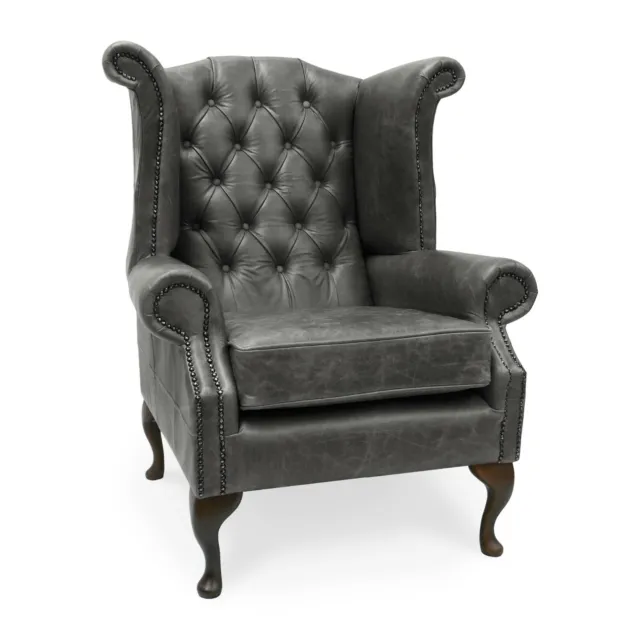 Chesterfield Queen Anne High Back Wing Chair in Vintage Grey Leather.