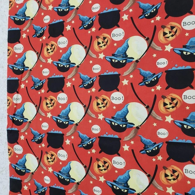 Vtg Halloween Kitty Witch Boo Pot Allover on Red Sew Quilt Fabric 1Ydx43 #FF