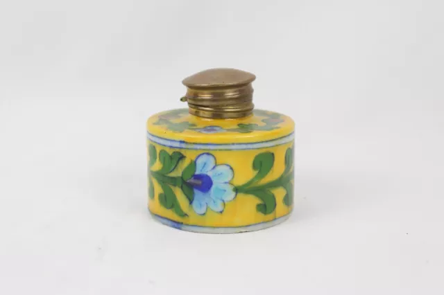 Old Hand-Painted Blue Pottery Ceramic Ink Pot Floral Art - Brass Cap Collectible