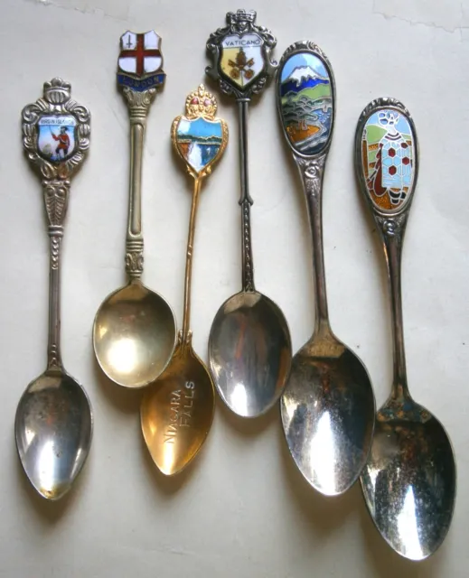 6 vintage Souvenir Spoons, enamel on metal