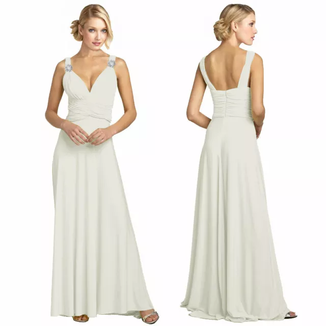 Elegant Rhinestone V-Neck Formal Party Cocktail Bridesmaid Evening Dress Ivory