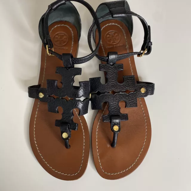 Tory Burch Phoebe Leather Flat Thong Sandals Black 7.5