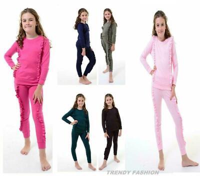 Girls Kids Frill Ruffle Detail Top Bottom Loungewear Co Ord Set Tracksuit 2-13 Y