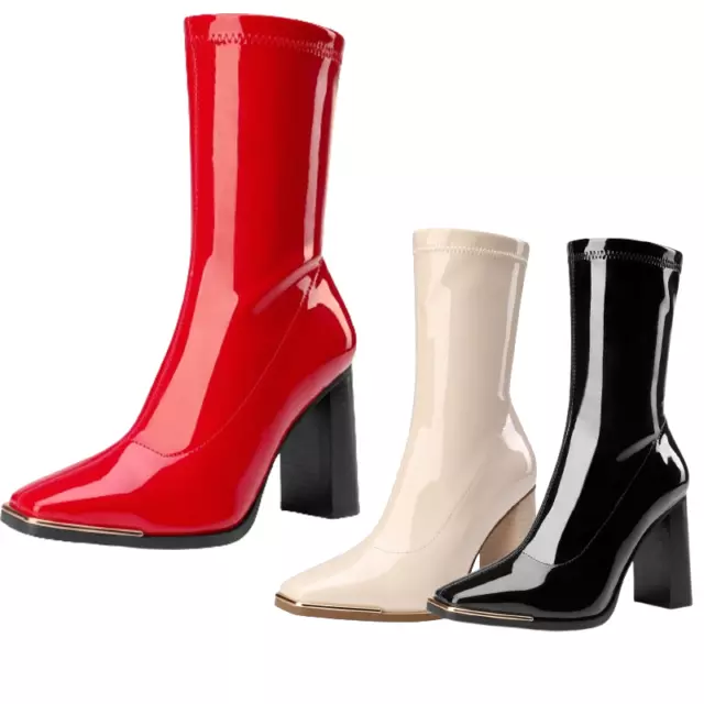 Women Square Toe Gogo Boots High Chunky Block Heel Zip Up Mid Calf Boots