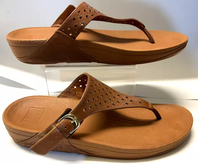 FitFlop 42 platform wedge Thong Tan Beige Leather Sandal Women's 10 Shoes L48098