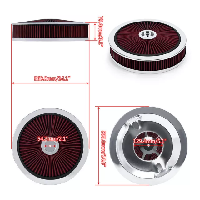 High Flow 14" x 3" Round Red Thru Washable Air Cleaner w/ Chrome Lid For SBC BBC 2