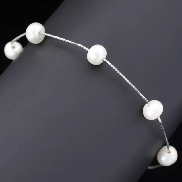 Natural 7X6Mm Freshwater Pearl 1-Line Pearl Italian Chain Silver 925 Bracelet