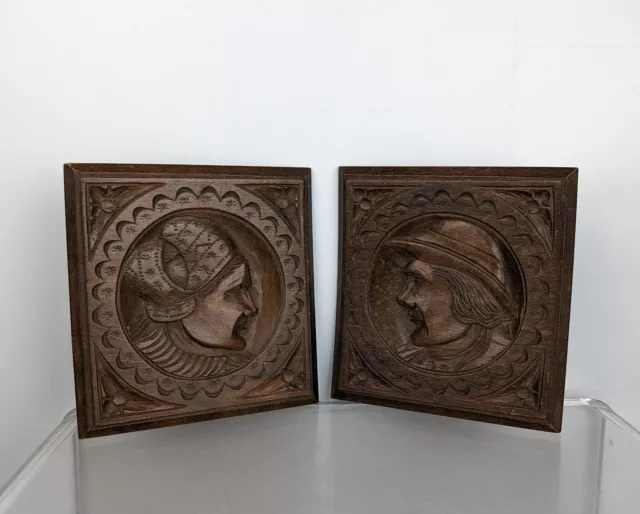 Pair Antique Vintage Reclaimed Carved wooden wood Decorative Portrait Panels