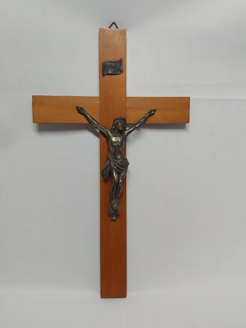 Ancien Crucifix Bronze Et Argent Sur Base Marbre - Italie, IIe Moitié Des Années 1900
