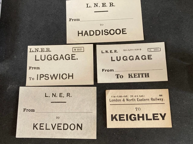 5 LNER LUGGAGE labels HADDISCOE, IPSWICH, KEITH, KELVEDON, KEIGHLEY £1. ...