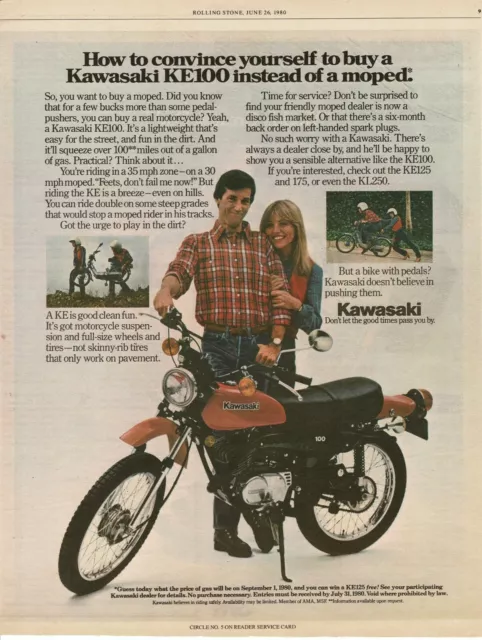 1980 Kawasaki KE100 Motorcycle buy it instead of a moped Vtg Print Ad