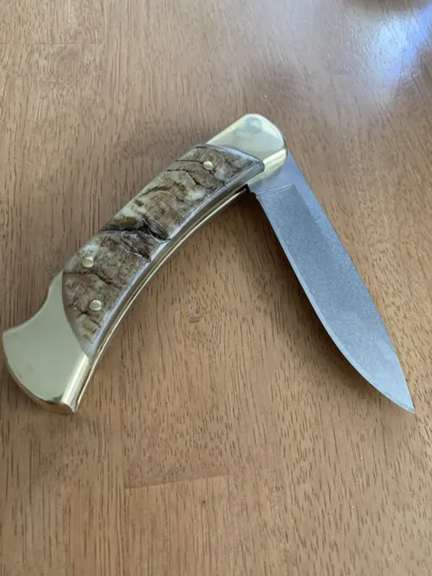 Buck 111 Customized Ram Horn Acid Washed Drop Point Blade