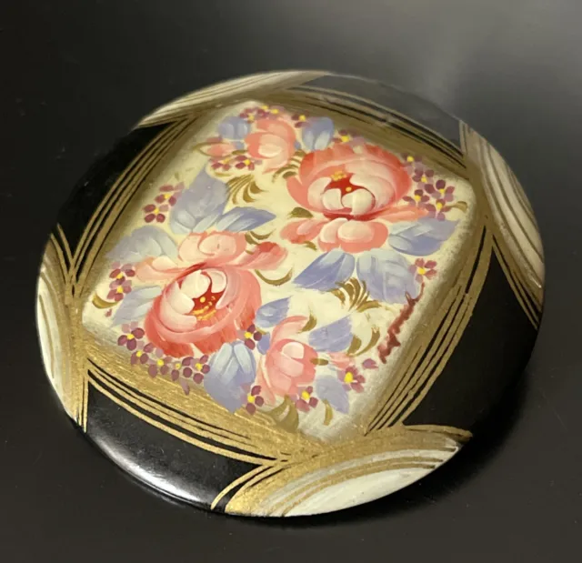 Victorian or Art Deco Button Brooch C Clasp 2” Hand painted Gold Floral Lacquer