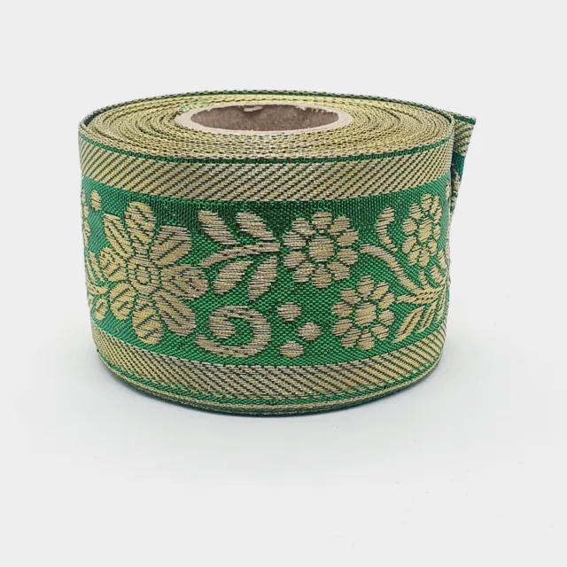 50mm green & gold jacquard embroidered ribbon applique motif trimming