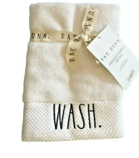 Rae Dunn Fingertip Towels Bath Guest 12x18" Set of 2 White Wash Dry Embroidered