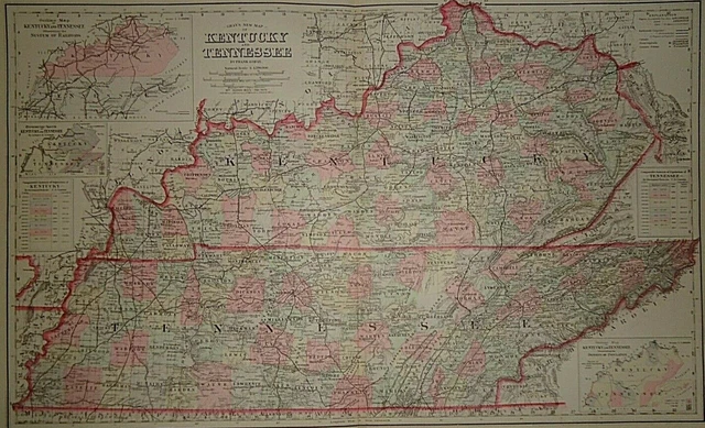 *Vintage 1883 KENTUCKY - TENNESSEE Map Old Antique Original OW GRAY Atlas