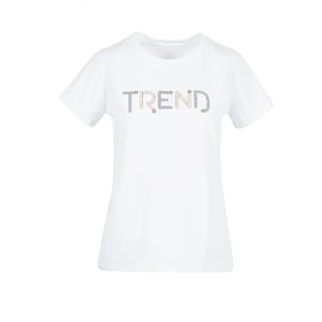 Maglietta bianca donna T-shirt manica corta scritta glitter TREND cotone nuova