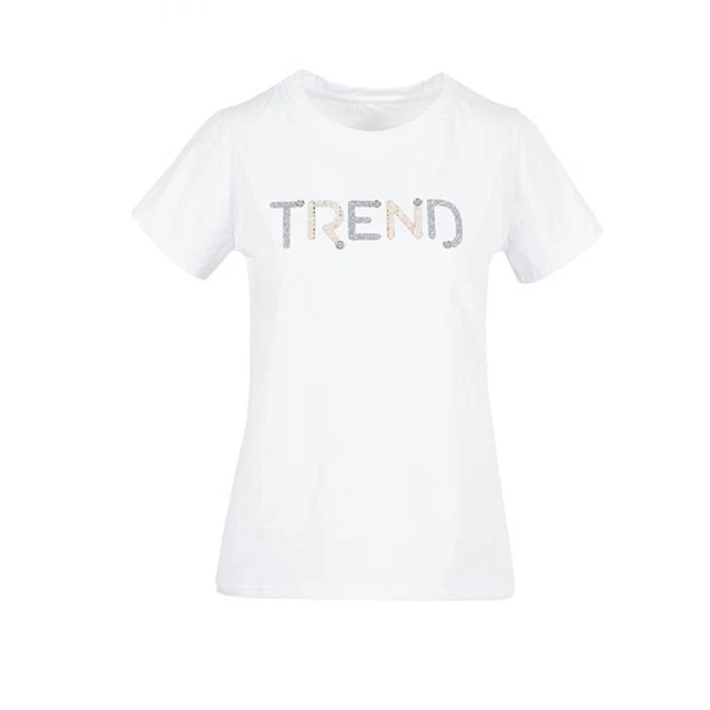 Maglietta bianca donna T-shirt manica corta scritta glitter TREND cotone nuova