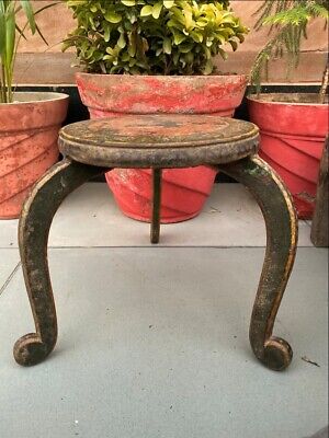 Antique Wood Painted Bikaner State Round Beautiful Table Stool Rich Patina 10