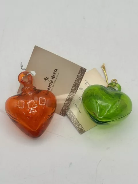 Hand Blown Glass Heart Ornaments By Rancho La Puerta 1 Orange And 1 Green