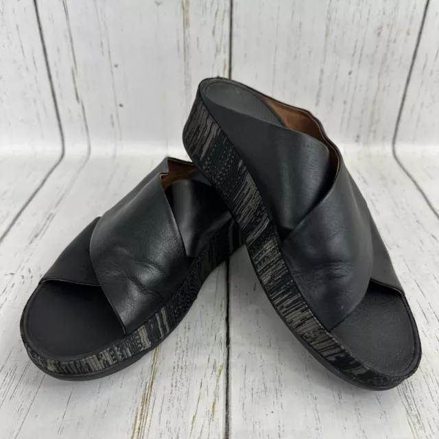 Fit Flop KYS Leather Slides Wobble Board Wedge In Black  Sz 7